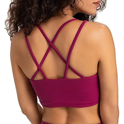 Lemedy Women Ribbed Strappy Yoga Top Molded Cups Sports Bra Criss Cross Workout Crop Tank Top (Magenta Red, Small) Cover