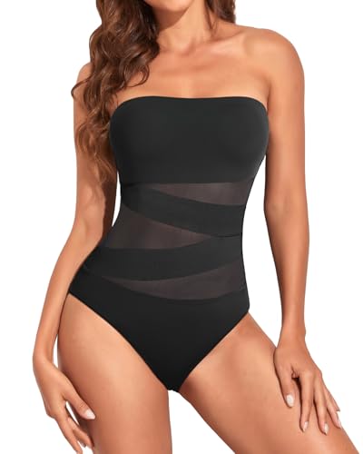 Holipick Women Strapless Bandeau One Piece Swimsuits Sexy Mesh Cutout Bathing Suits Tummy Control Swimwear3
