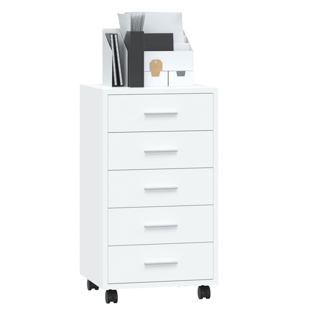 Cassettiera moderna con 5 cassetti e ruote – Cassettiera da ufficio in legno con soluzione flessibile per documenti e cancelleria