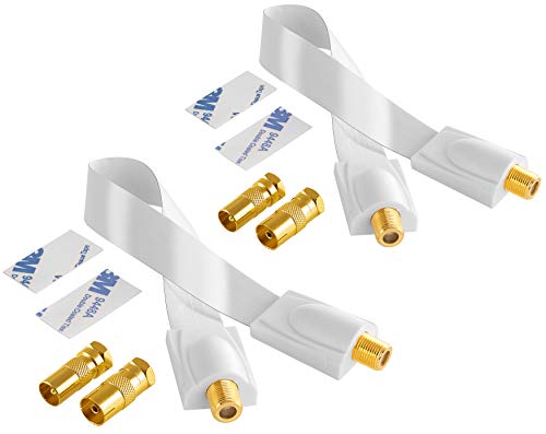 Poppstar 2 Cables Sat para Ventana, de 28 cm (Cable coaxial Muy Plano, 0,2 mm), 4 Conectores F (2 Tomas de Antena IEC, 2 Conectores), para Ventanas o Puertas, contactos chapados en Oro, Color Blanco