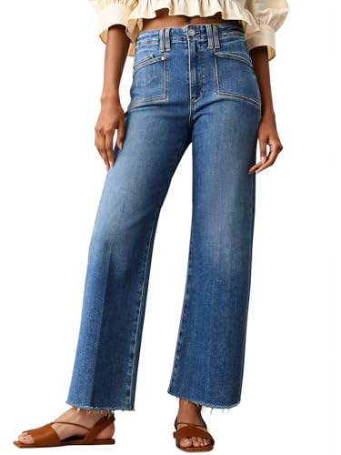 Cicy Bell Womens High Waisted Cropped Jeans Trendy Stretchy Baggy Straight Leg Raw Hem Capri Denim Pants