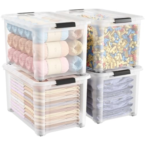 Image of Lifewit 58Qt Storage Bins with Lids, Plastic Large Latches Boxes with Wheels, Clear Totes Tubs Container for Closet Organizers and Storage, Bedroom, Clothes, Craft, 4 Pcs