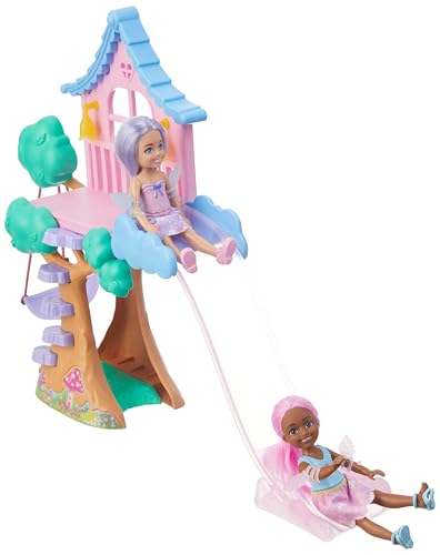 Image of Barbie Treehouse Playset with 2 Chelsea Small Dolls, Toy Car, Swing, Slide, Seesaw, Fairy Wing Accessories & Sticker Sheet