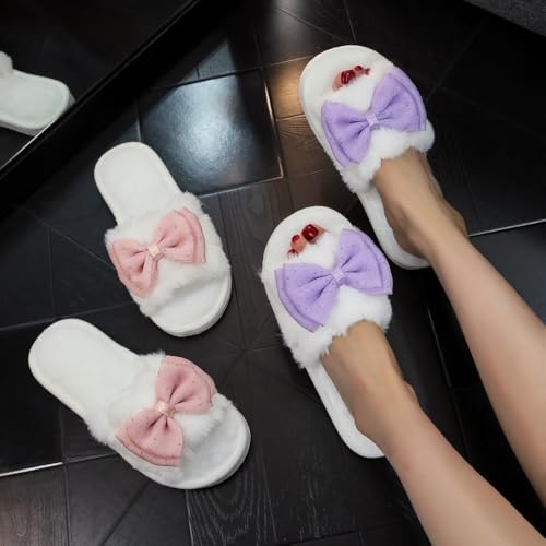 Coquette Bow Slippers for Women Fluffy Slides Comfort Wear Shoes Wide Open Toes Lightweight Breathable Warm Memory Foam Fuzzy Backless Pillow Slippers Home Indoor Bedroom Cute Matching Gift for Couple2