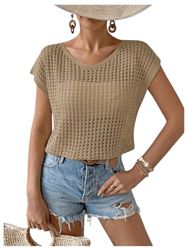 Image of Verdusa Women's Hollow Out Sheer Knit Top Dolman Sleeve Pullover Cover Up