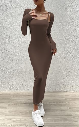 Image of Women's Spring Fall 2 Piece Outfits Slip Bodycon Maxi Dress and Long Sleeve Cropped Cardigan Knit Matching Sets