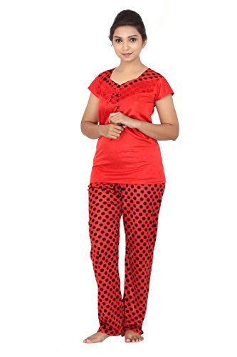 Fabme Women's Polka Dots Satin Night Suit (Top & Pajama Set)