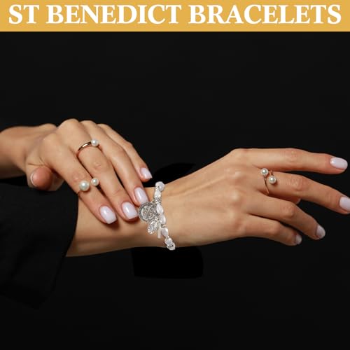 Quelay 2 Pcs Saint Benedict Medal Bracelets with Natural Pearls Adjustable Catholic Rosary Bracelet for Women Saint Benedict Medal Gifts Medalla Recuerdos De Bautizo Para Baroque Women Jewelry Gifts3