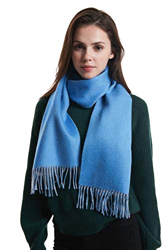 100% Cashmere Winter Scarf with Fringed Edges for Women, Warm & Soft, Gift Ready, Solid Blue