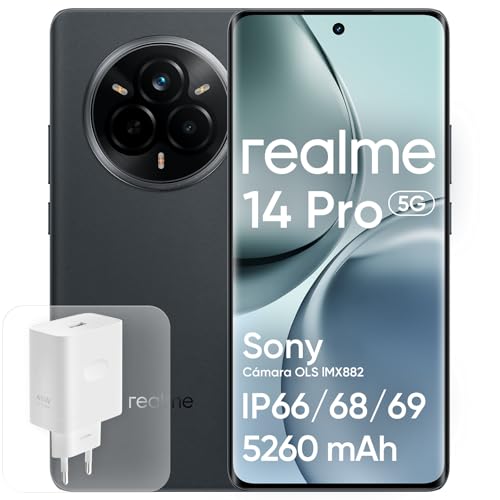 realme 14 Pro 5G, 12+512 GB Teléfono Móvil, Chip Dimension sity 7300, Cámara Sony IMX882 OIS 50 MP, Pantalla Curvada de 6,77' 120Hz, Batería 5260 mAh, Impermeable IP69, Gris (con Adaptador)