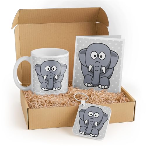 3dRose Cute Elephant Gift Set for Kids – Mug, Keychain, and Card – Gray Cartoon Design – Perfect for Birthdays and Animal Lovers
