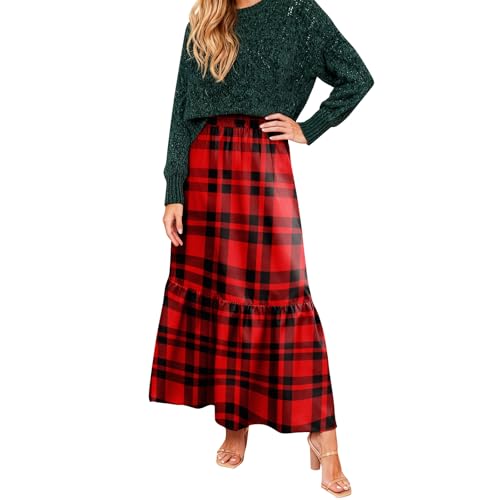 Falda Larga Informal para Mujer con Volantes y Estampado de Cuadros - Falda Plisada Retro, Cómoda y Elegante para Verano y Ocasiones Especiales(1-Vino,S)