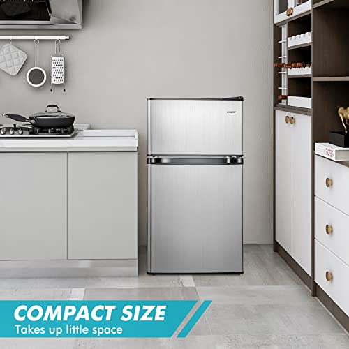 COSTWAY Compact Refrigerator, 3.2 Cu.Ft. Fridge Freezer Compartment with Reversible 2 Door, Adjustable Thermostat, Removable Glass Shelves, Mini Refrigerator for Bedroom Dorm Apartment, Silver - Image 3