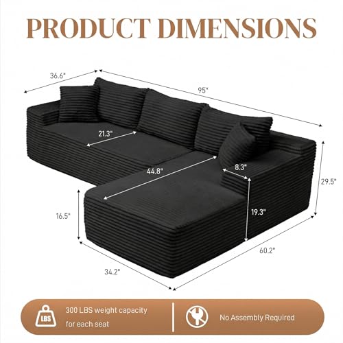 Image of 95 inch L Shaped Cloud Boneless Sectional Couches for Living Room, Modern Comfy Modular Deep Seat Memory Foam Compressed Corduroy Sofa Oversized Right Facing Chaise, No Assembly Required, Balck