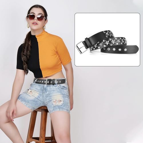 4 Piece Studded Rivet Double Grommet Belt Set - Faux Leather Gothic Goth Black - Punk Style Accessories for Men Women - Ideal Gift 6