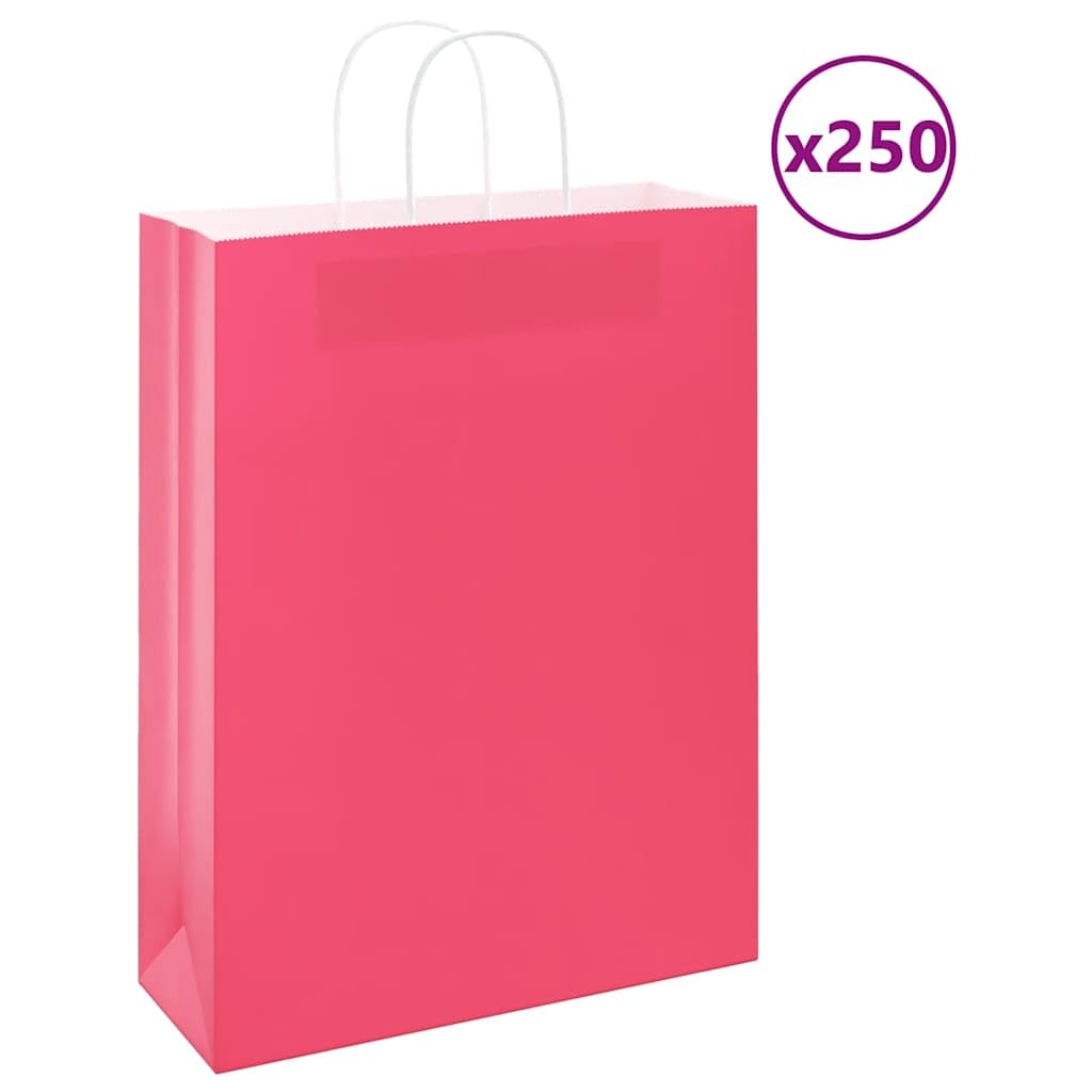 250 Stück Papiertragetaschen Rosa 32x12x42 cm, Kraftpapier Geschenktüten mit Henkeln für Einkauf, Takeaway und Party, Nachhaltige Papiertüten
