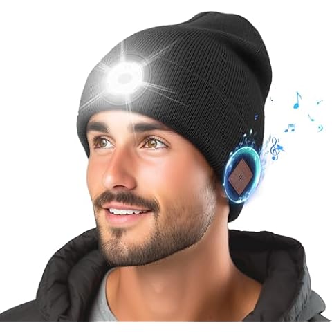 Bluetooth Beanie with Light Built in Stereo Headphones Lighted Hat Rechargeable Wireless LED Music Cap Warm Hat Unisex Black Cover