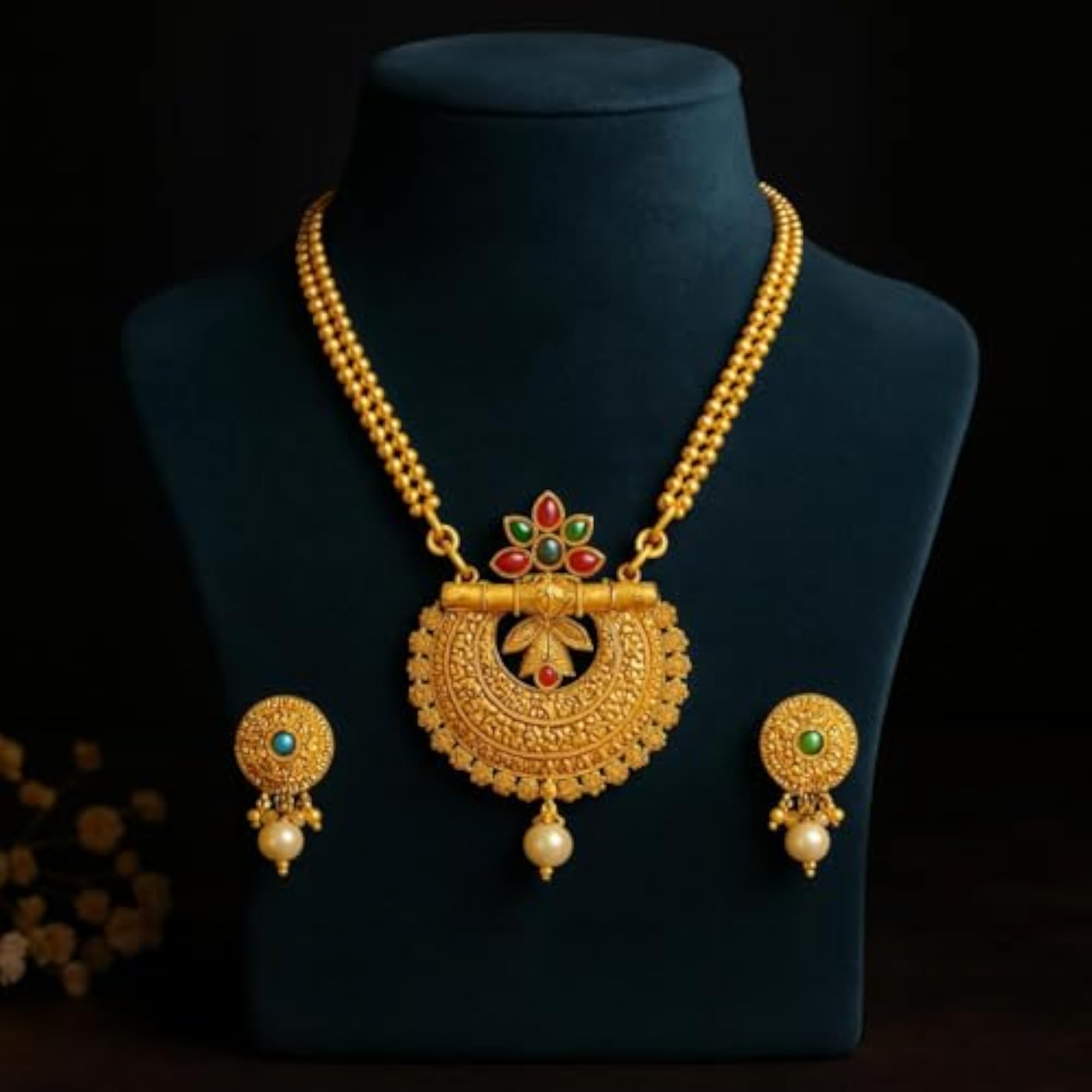 Deity Red Stone Stud Drops Necklace Set, South Indian Style