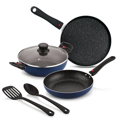 Image of Bergner Sherry Plus 5-Layer Non-Stick Coating 6 Pcs Cookware Set with Induction Bottom and Detachable Handle, 24cm /2.5L Kadai with Lid, 24cm /1.6L Frypan, 25cm Dosa Tawa, 2 Nylon Spatulas (Navy Blue)