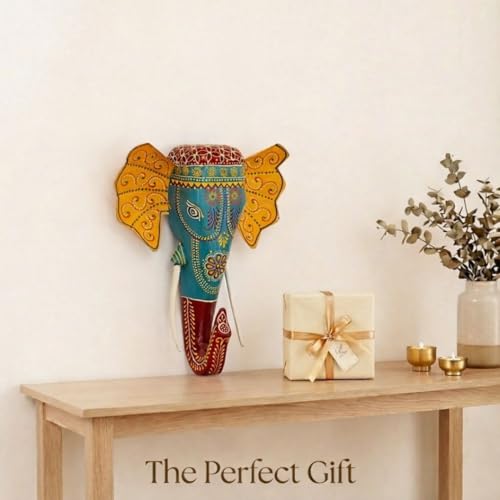 Image of ATRANGI STUDIO Handpainted Wooden Elephant Wall Decor | Ethnic Wooden Wall Art | Symbol of Strength & Wisdom | Wall Hanging for Home, Corridor & Balcony | Ready to Hang | 11 Inch, Turquoise