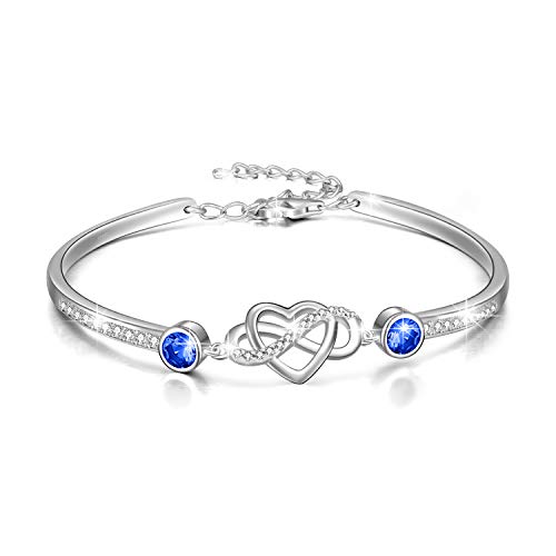 Image of AOBOCO 925 Sterling Silver Infinity Endless Love Heart Birthstone Bangle Bracelet - I Love You Forever Series Adjustable 6-8 in Bracelet with Crystals from Austria Romantic Birthday Jewelry Gift for Women Wife Girlfriend