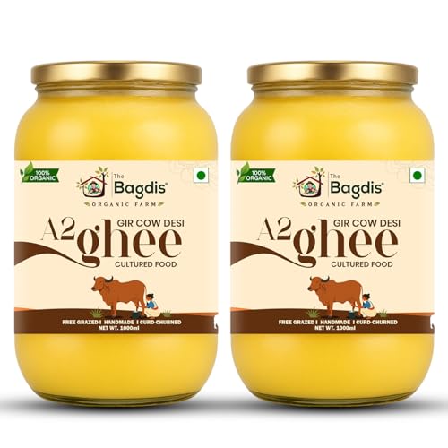 Image of The Bagdis Organic A2 Gir Cow Ghee | Hand-Churned Cultured Bilona Ghee| Grass-Fed | 100% Pure & Natural Ghee Glass Bottle 1000ml (Pack of 2)