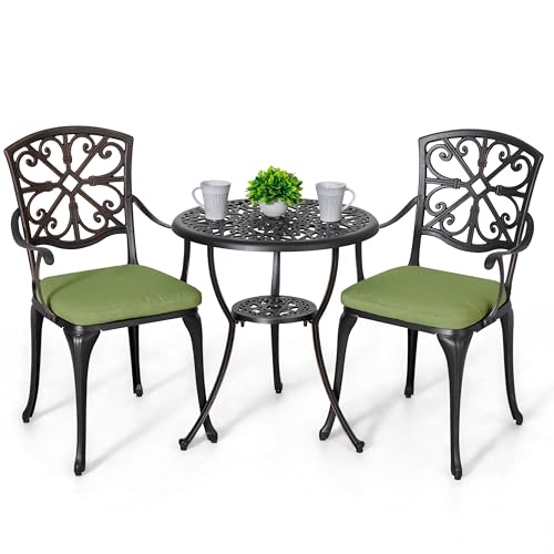 Image of NUU GARDEN 3-Piece Outdoor Bistro Set with Cushions, Round 24 Inch Cast Aluminum Round Table with 1.77 inch Umbrella Hole and 2 Cast Aluminum Armchairs with Cushions, Black with Gold-Painted Edge