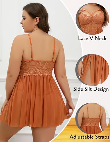 Image of Avidlove Plus Size Lingerie Lace Babydoll Womens Strap Chemise Nightgown V Neck Nighty Mesh Sleepwear Side Slit Nightdress