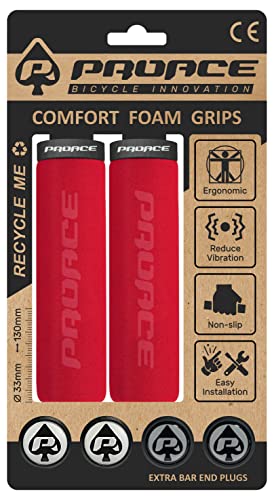 PROACE Puños Bicicleta de Espuma – Cómodos, Ergonómicos, Reduce la Vibración, Antideslizante y Fácil de Instalar con Sistema Lock-ON (Rojo)