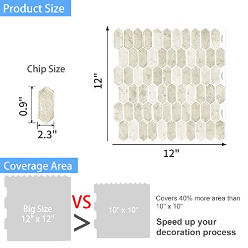 Waldecoo Long Hexagon Tiles Peel And Stick Backsplash For Kitchen, 10-Sheet Stick On Tiles Kitchen Backsplash, Beige Marble Peel And Stick Wall Tiles（12''×12''） #TOP6