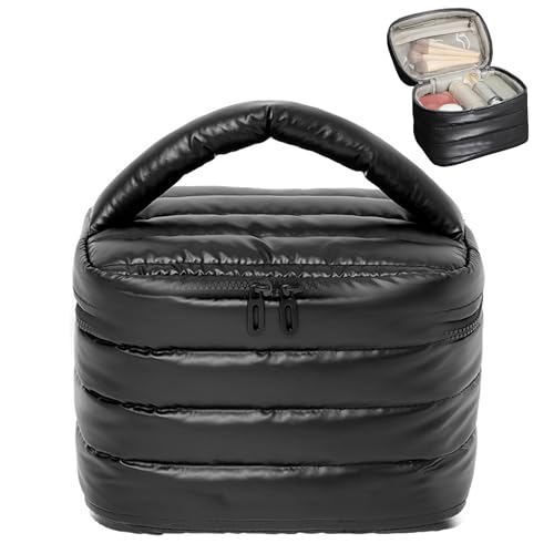 Prite Trousse de Maquillage Matelassée Rembourrée Trousse de Toilette de Voyage Étui Cosmétique Doux Vanity Légère pour Femmes et Filles (Noir)