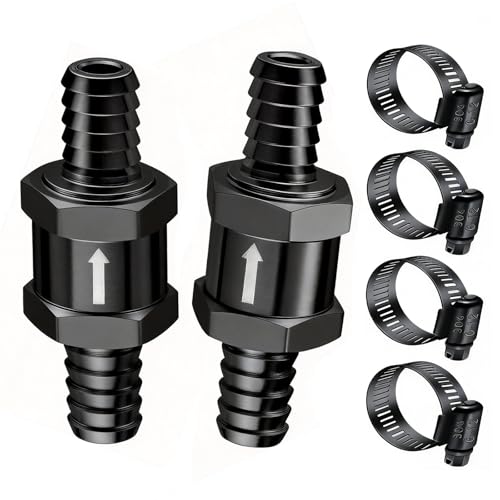 mxuteuk 2Pcs 3/8 10mm Aluminium Black Non Return One Way Check Valve with 4Pcs 6-12mm Universal Adjustable Hose Clamps for Fuel Petrol Diesel Line Oil