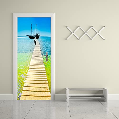 Vinilos Puertas Mar Azul Amarillo Vinilo para Puertas Impermeables Vinilo Autoadhesivas para Dormitorio Bano Oficina Muebles Decorativos Vinilo Puerta 77x200 cm