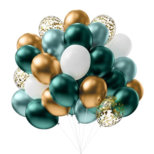 Image of Green and Gold Balloons, 67Pcs 12 inch Metallic Green Gold Confetti Balloon for Baby Shower, Tropical, Birthday, Jungle Sarfari Party Decorations