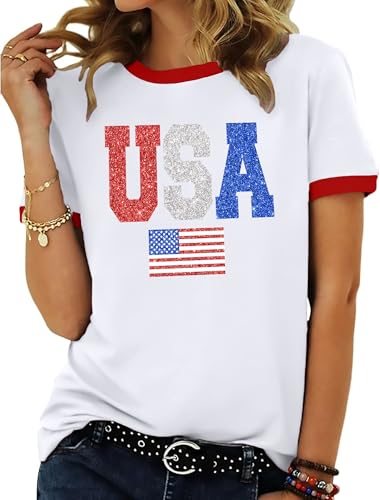 Ithalt Women 4th of July Shirt Fourth of July Shirts USA Sequin Tshirt American Patriotic Short Sleeve Tops Stripes Tees(ASparklyWhite, XX-Large)