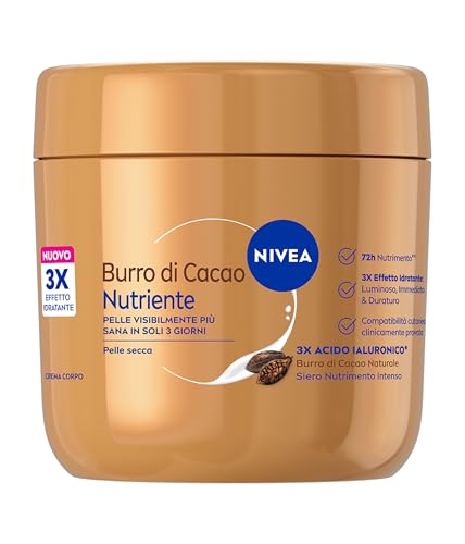NIVEA Crema Corpo Burro di Cacao Nutriente 400 ml, Crema idratante corpo 72h, Con 3x Acido Ialuronico Puro e Burro di Cacao, Body lotion dalla texture ricca, Assorbimento rapido, Per pelle secca