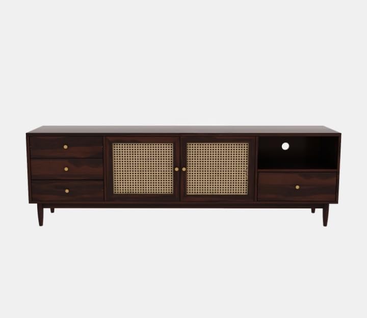 Image of Premium Solid Wood, 10 Minutes Assembly (Legs Only), Aesthetic Rattan Doors, Mid Century Entertainment Center for Living Room, TV Stand for 65 inch TV, Dark Chocolate (Walnut TK-26)