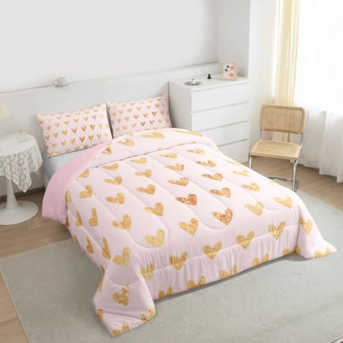 Image of Erosebridal Cute Heart Pattern Toddler Comforter Set Gold Pink Bedding Set for Kids Girls Valentine Love Geometric Comforter Love Heart Duvet Insert