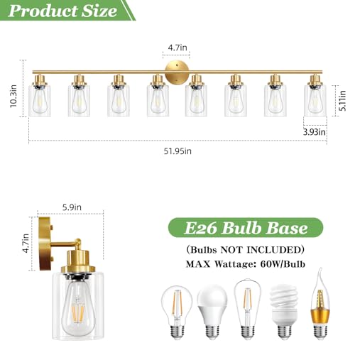 Image of 8-Light Brushed Gold Vanity Lights for Bathroom, Lighting Fixtures Over Mirror with Clear Glass Shade, Modern Kitchen Light Fixtures Wall Lamps Sconce Light - E26 Base