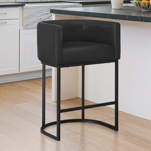 Image of LUE BONA Counter Height Bar Stools, Modern Barrel Counter Stools with Backrest and Arms, Black Metal Frames, Faux Leather Upholstered Accent Barstools for Kitchen Island, Black