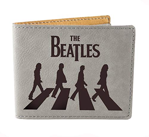 Beatles Laser Engraved Mens Bifold Wallet, Personalized, Gray Vegan Leather