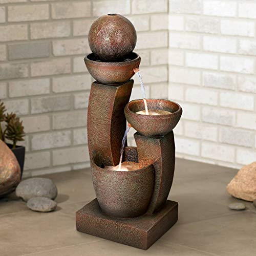 Curved Columns Modern Zen Outdoor Floor Water Fountain 31" High with LED Light Cascading for Garden Patio Backyard Deck Home Lawn Porch House Relaxation Exterior Balcony - John Timberland