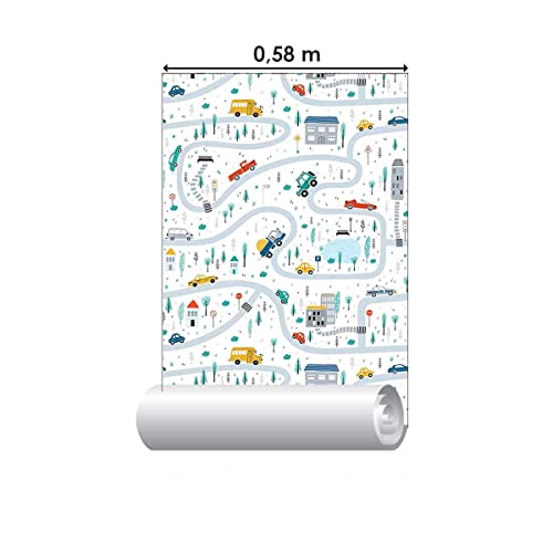 Papel de Parede Adesivo Cidade com Carros Colorida N05003 Rolo de 0,58x3,00