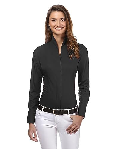Vincenzo Boretti Damen Bluse mit Kelchkragen leicht tailliert 100% Baumwolle bügelleicht Langarm Hemdbluse mit Stehkragen elegant festlich auch für Business schwarz 40