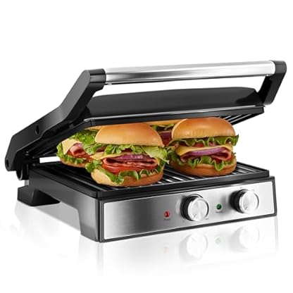 KEINVE Kontaktgrill, Elektrogrill, Sandwichtoaster, Fettarmes Grillen, Panini, Toasts, Steak, Gemüse, Antihaftbeschichtete Grillplatten, 2000W, 35x13x32, Edelstahl/Schwarz