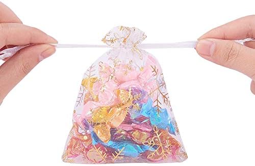 100Pcs Snowflake Pattern White Organza Wedding Favour Bags Confetti Sweets Bag Gift Favor Bag Jewelry Pouches 12x10 cm Small Drawstring Bags for Christmas Birthday Party Baby Shower (1)