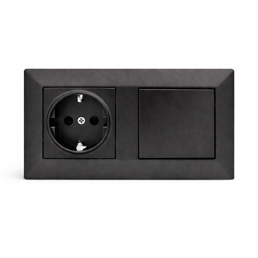 Jandei - Enchufe Schuko 2P+T 16A y Interruptor Conmutador, 230V, Decoración Elegante Pared Interior, Fácil de Instalar, Incluye Marco y Mecanismo, Policarbonato Color Negro
