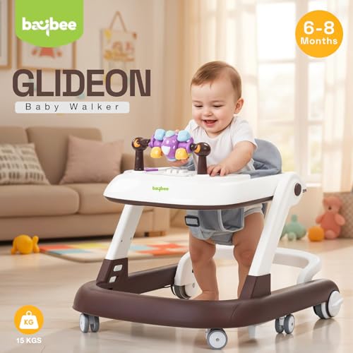 Image of Baybee 2-in-1 Convertible Baby Walker with Push Walker Mode, Foldable Design, Musical Toy Bar & Safety Stopper - Walker for Kids for 6 to 18 Months, Baby Walkers for 6-18 Month Baby Boy & Girl (Brown)
