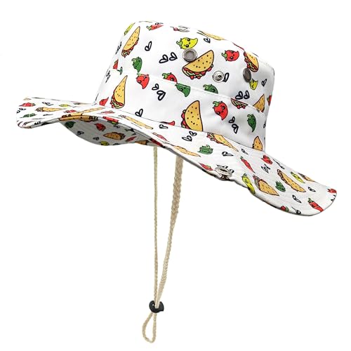 Enodtter Taco Print Bucket Hat with Spicy Chili Peppers Wide Brim Beach Hat for Mexican Food Fans for Taco Tuesday