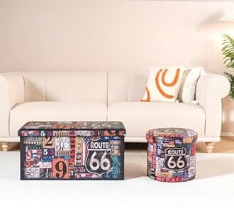 Bonlife Round Ottoman Storage,Folding Storage Organiser Toy Chest,Retro Faux Leather Footrest Stool Seat for Living Room 15"(Multicoloured) 38x38x38cm